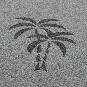 Palmiers et bandeau périphérique. Gris foncé sur champ gris bleuté moquette marbre motif palmiers